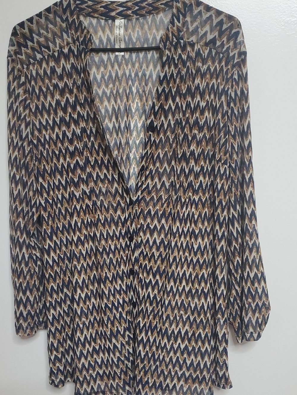 PerSeption Concept Blue and Tan Chevron Sheer Top Cover Blouse